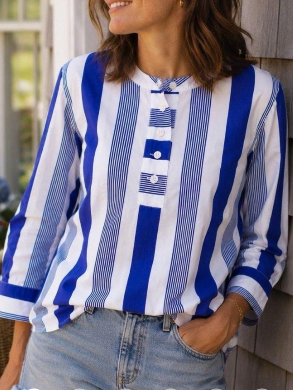 J CREW Top Woman’s Stripe Poplin 100%Cotton 1/4 Button Front 3/4 Sleeve SzXS